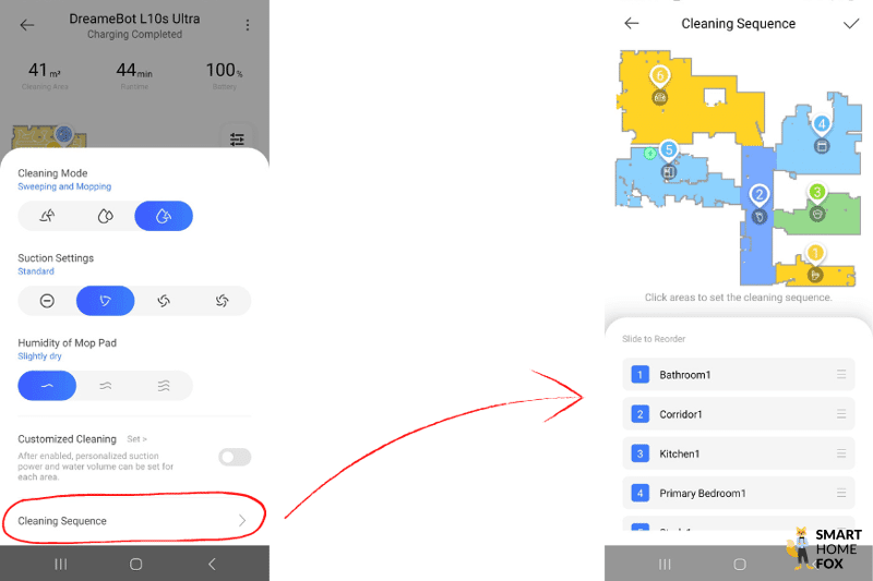 The cleaning sequence of the Dreame L10s Ultra is set in the Dreamehome App.